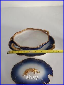 Cobalt Blue Limoges Covered Sauce Gravy Bowl w Attached Underplate Gilt Handles