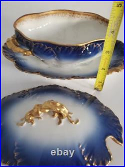 Cobalt Blue Limoges Covered Sauce Gravy Bowl w Attached Underplate Gilt Handles