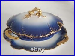 Cobalt Blue Limoges Covered Sauce Gravy Bowl w Attached Underplate Gilt Handles