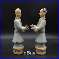 Collect China Jingdezhen Porcelain Green Glaze Golden Boy Jade Girl Pair Statue