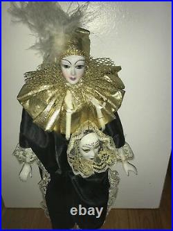 Collectible Brinn's harlequin porcelain, 17 inch, black and gold Jester Doll