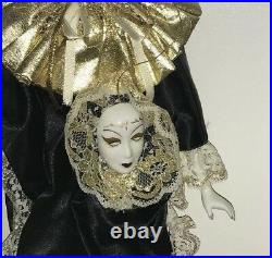 Collectible Brinn's harlequin porcelain, 17 inch, black and gold Jester Doll