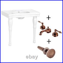 Console Sink White Porcelain with 8 Widespread Rose Gold Brass Faucet & Drain