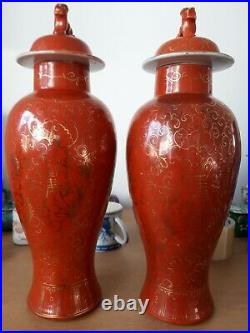 Coral red and gilded chinese porcelain vases late 19th Century early 20th 31 cm