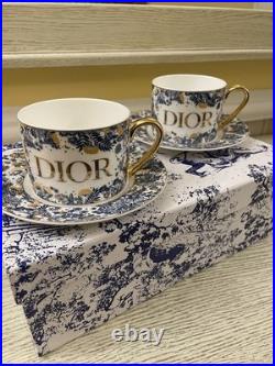 Dior Toile de Jouy Porcelain Mug Gold Handle Tea Cup Saucer Set of 2 Made France