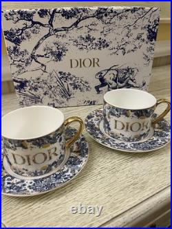 Dior Toile de Jouy Porcelain Mug Gold Handle Tea Cup Saucer Set of 2 Made France
