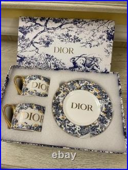 Dior Toile de Jouy Porcelain Mug Gold Handle Tea Cup Saucer Set of 2 Made France