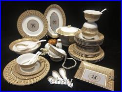 Elegant Mosaic H Design Bone China Dinner Set Gold, Service for 6 person