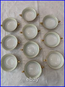Encrusted 24K Gold Band Cream Footed Tea Cups & Handled Bowls, Made in Japan
