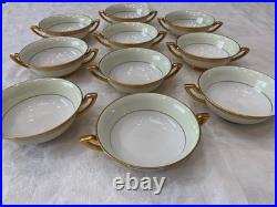 Encrusted 24K Gold Band Cream Footed Tea Cups & Handled Bowls, Made in Japan