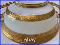 Encrusted 24K Gold Band Cream Footed Tea Cups & Handled Bowls, Made in Japan