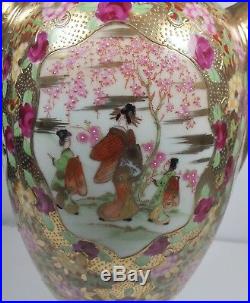 Excellent Nippon China 2 Pc 19.5 Urn Vase With Geisha Girls, Major Gold & Moriage