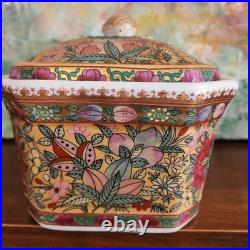 FABULOUS Vintage Porcelain Rose Canton Lidded Box with Acorn Finial Reds/Golds
