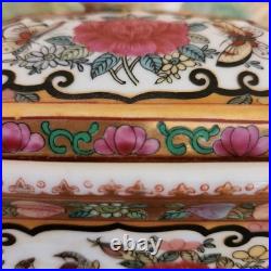 FABULOUS Vintage Porcelain Rose Canton Lidded Box with Acorn Finial Reds/Golds