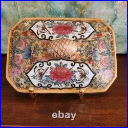 FABULOUS Vintage Porcelain Rose Canton Lidded Box with Acorn Finial Reds/Golds