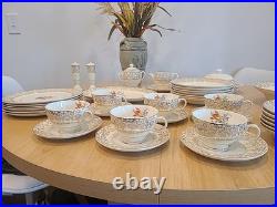 Fancy Vintage Porcelain Floral Dinnerware Set, 44 Pieces. 23 KARAT GOLD