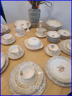 Fancy Vintage Porcelain Floral Dinnerware Set, 44 Pieces. 23 KARAT GOLD