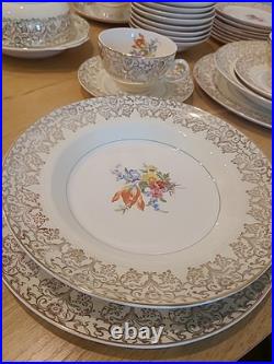 Fancy Vintage Porcelain Floral Dinnerware Set, 44 Pieces. 23 KARAT GOLD