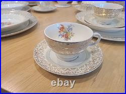 Fancy Vintage Porcelain Floral Dinnerware Set, 44 Pieces. 23 KARAT GOLD