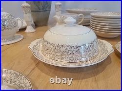Fancy Vintage Porcelain Floral Dinnerware Set, 44 Pieces. 23 KARAT GOLD