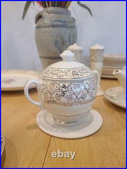 Fancy Vintage Porcelain Floral Dinnerware Set, 44 Pieces. 23 KARAT GOLD