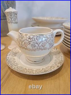 Fancy Vintage Porcelain Floral Dinnerware Set, 44 Pieces. 23 KARAT GOLD