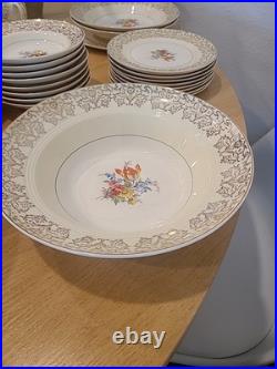 Fancy Vintage Porcelain Floral Dinnerware Set, 44 Pieces. 23 KARAT GOLD