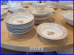 Fancy Vintage Porcelain Floral Dinnerware Set, 44 Pieces. 23 KARAT GOLD