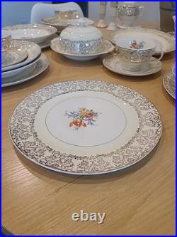 Fancy Vintage Porcelain Floral Dinnerware Set, 44 Pieces. 23 KARAT GOLD