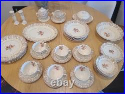 Fancy Vintage Porcelain Floral Dinnerware Set, 44 Pieces. 23 KARAT GOLD