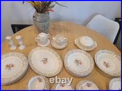Fancy Vintage Porcelain Floral Dinnerware Set, 44 Pieces. 23 KARAT GOLD