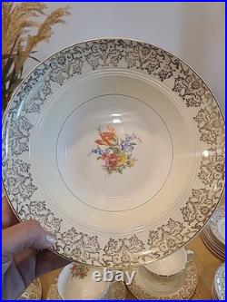 Fancy Vintage Porcelain Floral Dinnerware Set, 44 Pieces. 23 KARAT GOLD