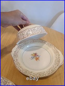Fancy Vintage Porcelain Floral Dinnerware Set, 44 Pieces. 23 KARAT GOLD