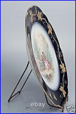 Fine Antique Limoges Hand Painted Cabinet Plate 1 Cobalt Blue Raised Gold