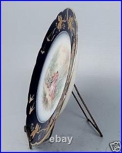 Fine Antique Limoges Hand Painted Cabinet Plate 1 Cobalt Blue Raised Gold
