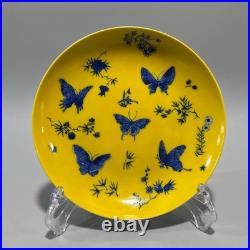 Fine Chinese Antique Art Hand Painting Yellow Glazed Porcelain Butterfly Plate
