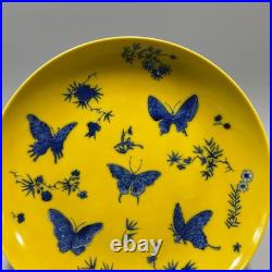 Fine Chinese Antique Art Hand Painting Yellow Glazed Porcelain Butterfly Plate