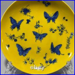 Fine Chinese Antique Art Hand Painting Yellow Glazed Porcelain Butterfly Plate