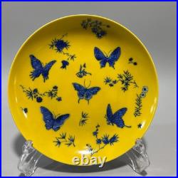Fine Chinese Antique Art Hand Painting Yellow Glazed Porcelain Butterfly Plate