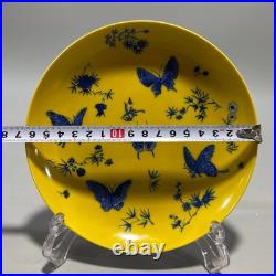Fine Chinese Antique Art Hand Painting Yellow Glazed Porcelain Butterfly Plate
