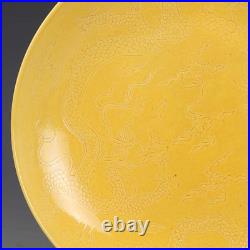 Fine Chinese Hand Painting Yellow Glazed Porcelain Dragon Plate