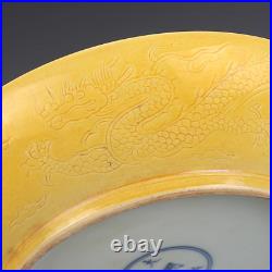 Fine Chinese Hand Painting Yellow Glazed Porcelain Dragon Plate