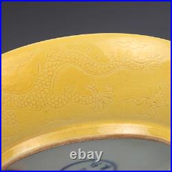 Fine Chinese Hand Painting Yellow Glazed Porcelain Dragon Plate