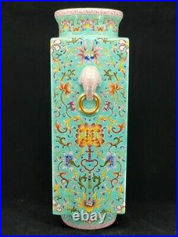 Fine Chinese Turquoise Base Famille Rose Porcelain Square Vase WithGold Trim