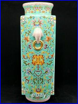 Fine Chinese Turquoise Base Famille Rose Porcelain Square Vase WithGold Trim