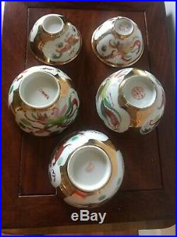 Five Chinese Gold paint Porcelain famille rose dragon phoenix Bowls early 20th C