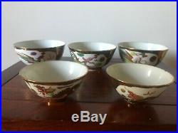 Five Chinese Gold paint Porcelain famille rose dragon phoenix Bowls early 20th C