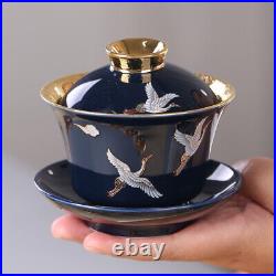 Gaiwan 24k Gold Tureen Porcelain Sancai Bowl Cup Saucer Crane Print Lid Chinese