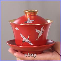 Gaiwan 24k Gold Tureen Porcelain Sancai Bowl Cup Saucer Crane Print Lid Chinese