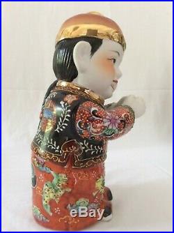 Gold Boy Jade Girl Vintage Chinese Porcelain Figurine Pottery Lucky Statue Pair